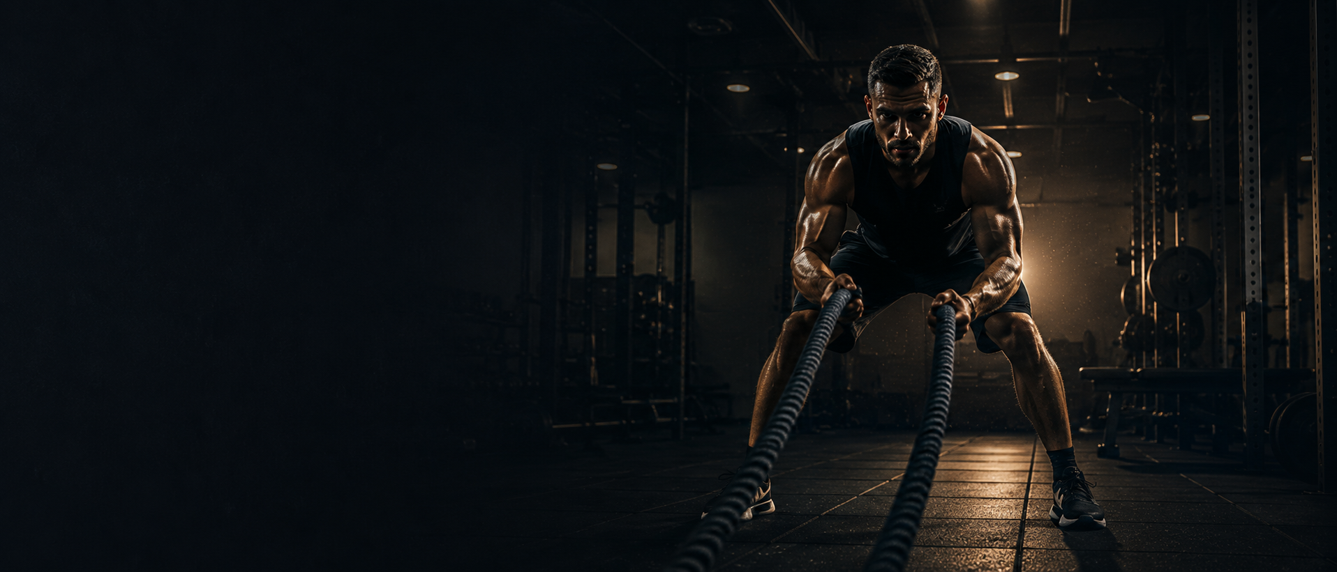 Athlète à l'effort, battle ropes dans une salle sombre à la lumière dure